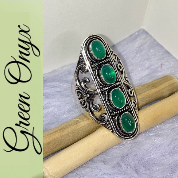Green Onyx Gemstone Handmade Filigree Shield Armor Ring - Picture 4 of 11